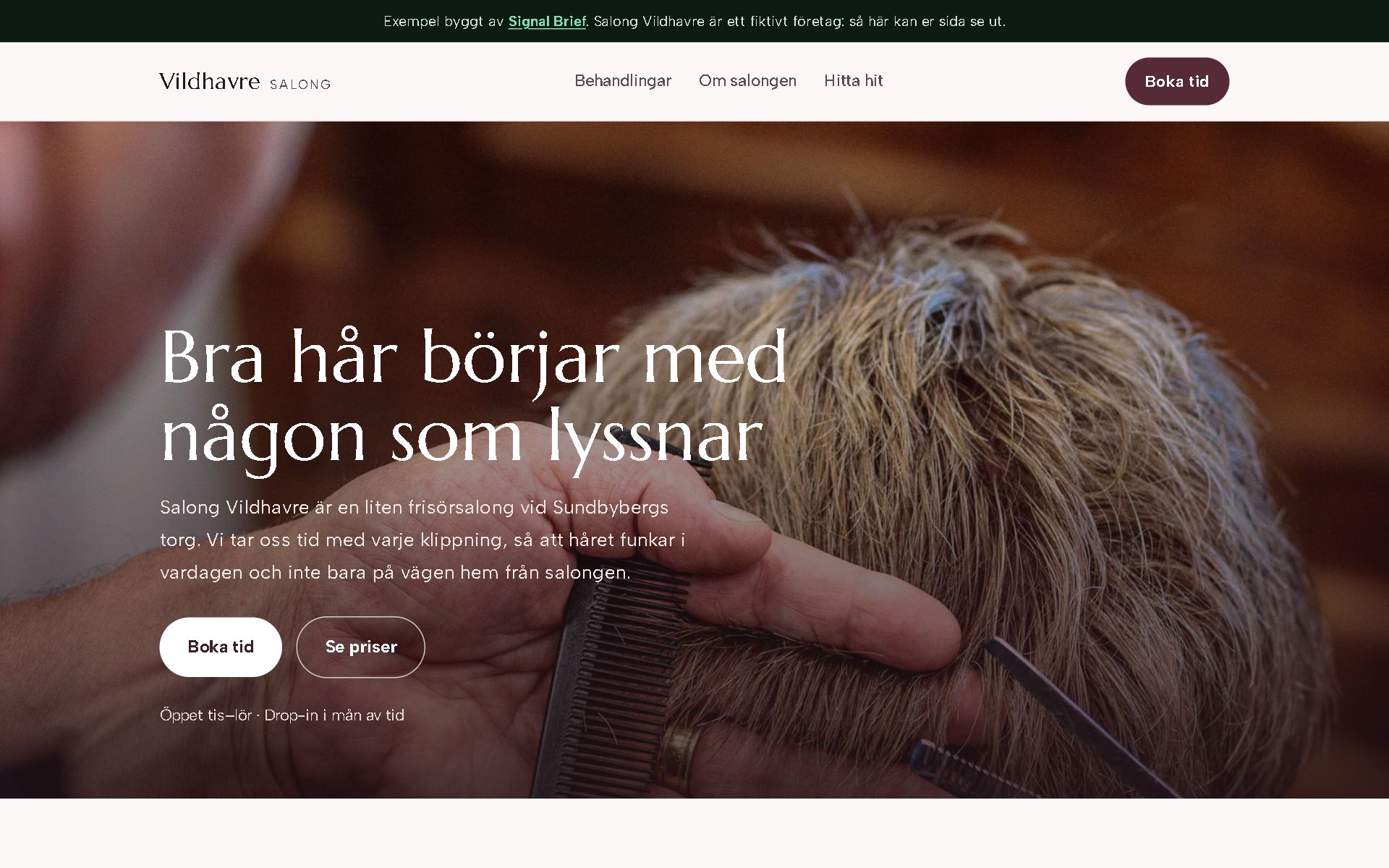 Exempelsida vi byggt för en frisörsalong: Salong Vildhavre, med prislista och bokning